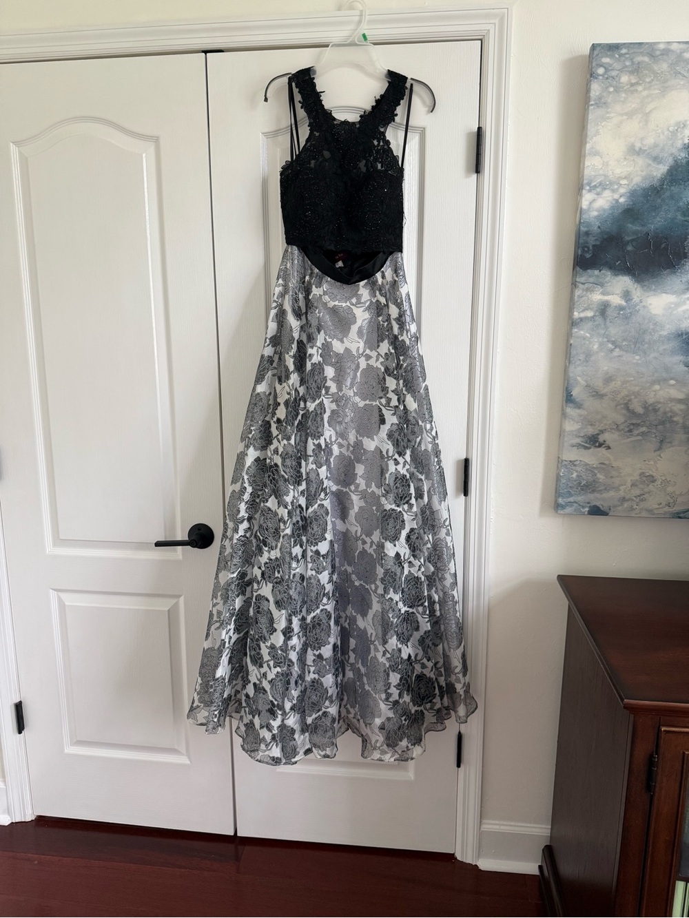Black Lace Bodice Silver Floral Prom Dress